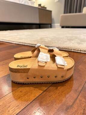 Hey Girl by Corkys Wannabe Tan Platform Studded Buckle Slide Sandals